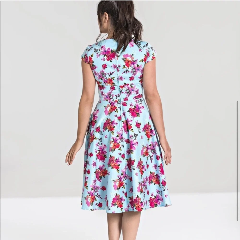 Hell Bunny Dress Vintage Inspired Tropical Floral Print Cap Sleeve Dress size L - Picture 3 of 12